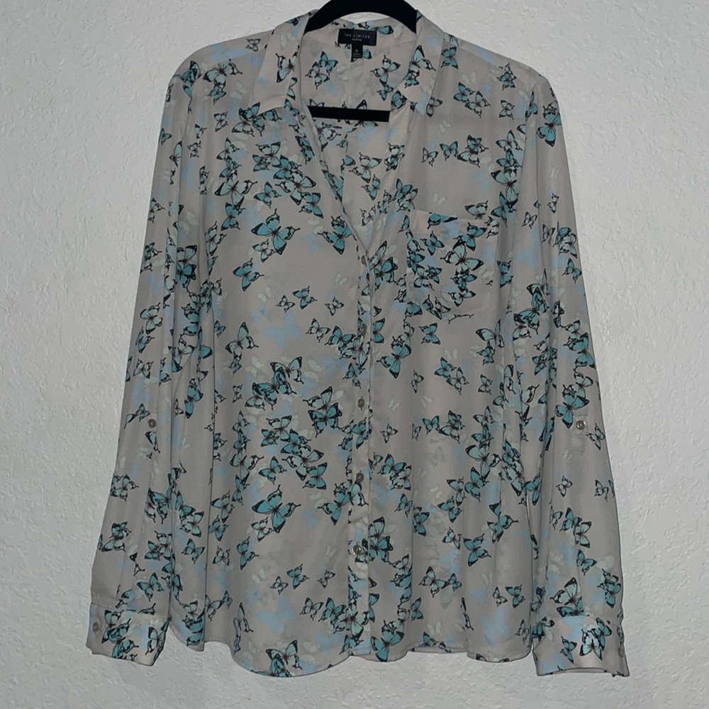 The Limited Gray Blouse with Blue Butterfly Print
